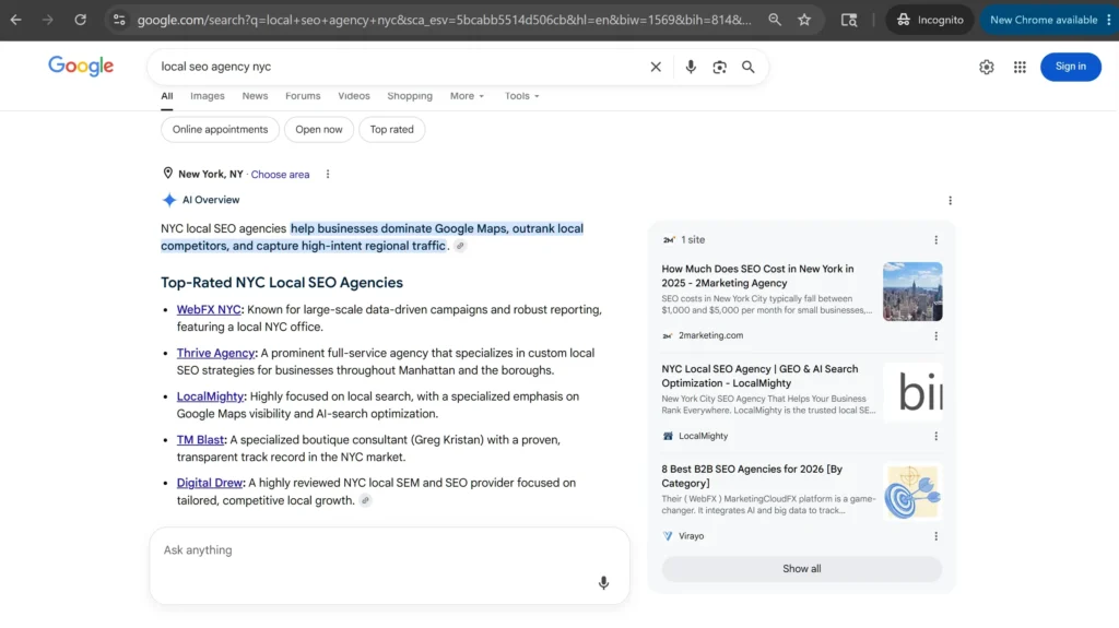 Google AI Overview - NYC Local SEO Agency - LocalMighty